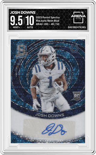 Josh Downs from the 2023 Panini Spectra set featuring a Neon Blue parallel graded by Arena Club and given an overall grade of 9.5.