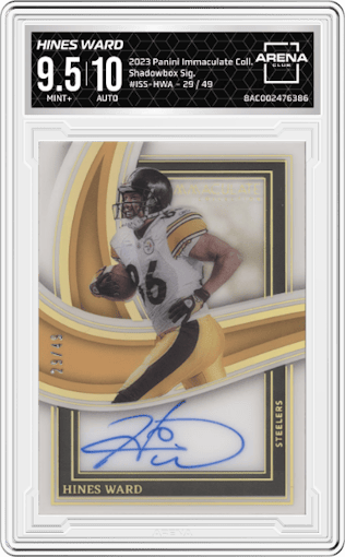 Hines Ward from the 2023 Panini Immaculate Collection  set graded by Arena Club and given an overall grade of 9.5.