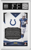 Michael Pittman Jr. from the 2020 Panini Limited set featuring a Ruby Spotlight parallel graded by Arena Club and given an overall grade of 8.5.