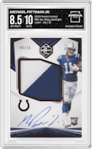Michael Pittman Jr. from the 2020 Panini Limited set featuring a Ruby Spotlight parallel graded by Arena Club and given an overall grade of 8.5.