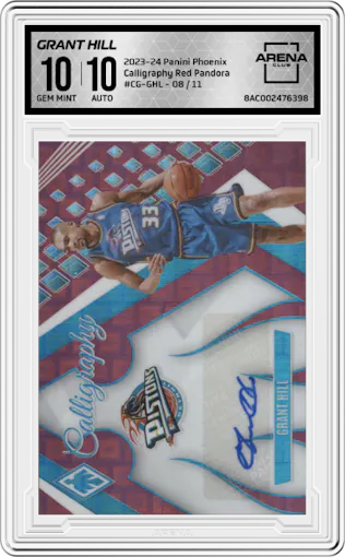 Grant Hill from the 2023-24 Panini Phoenix set featuring a Red Pandora FOTL parallel graded by Arena Club and given an overall grade of 10.