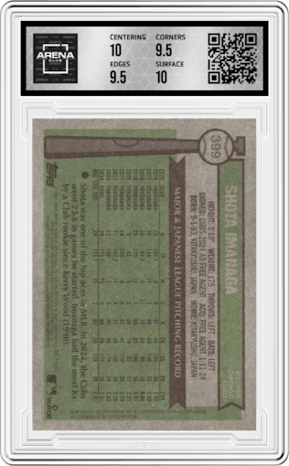 Shota Imanaga from the 2025 Topps Heritage set graded by Arena Club and given an overall grade of 10.