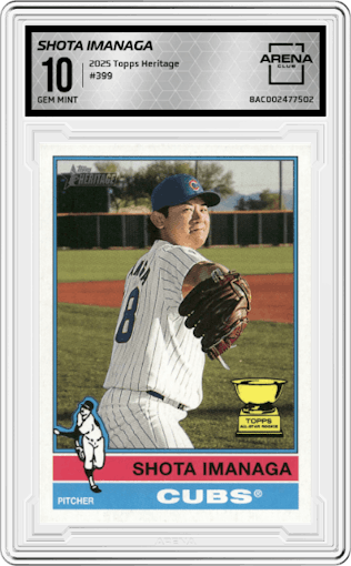 Shota Imanaga from the 2025 Topps Heritage set graded by Arena Club and given an overall grade of 10.
