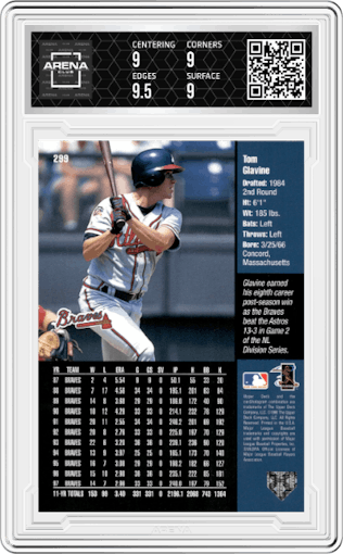 Tom Glavine from the 1998 Upper Deck set graded by Arena Club and given an overall grade of 9.