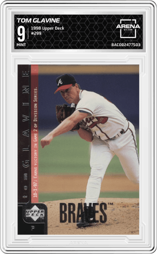 Tom Glavine from the 1998 Upper Deck set graded by Arena Club and given an overall grade of 9.