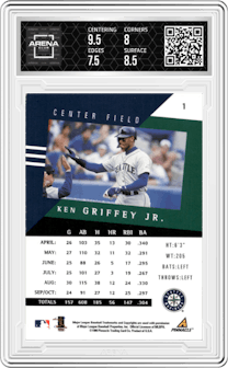 Ken Griffey Jr. from the 1998 Pinnacle Performers set graded by Arena Club and given an overall grade of 8.