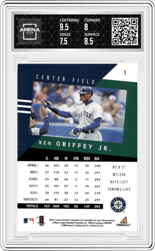 Ken Griffey Jr. from the 1998 Pinnacle Performers set graded by Arena Club and given an overall grade of 8.