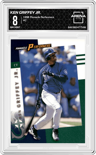 Ken Griffey Jr. from the 1998 Pinnacle Performers set graded by Arena Club and given an overall grade of 8.
