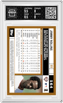 Jimmy Rollins from the 2002 Topps set graded by Arena Club and given an overall grade of 8.5.