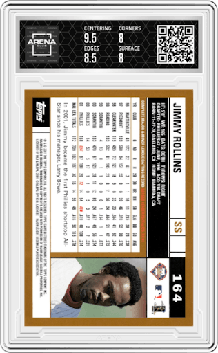 Jimmy Rollins from the 2002 Topps set graded by Arena Club and given an overall grade of 8.5.