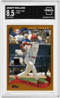 Jimmy Rollins from the 2002 Topps set graded by Arena Club and given an overall grade of 8.5.