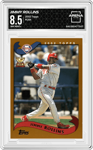 Jimmy Rollins from the 2002 Topps set graded by Arena Club and given an overall grade of 8.5.