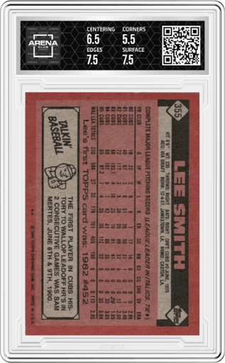 Lee Smith from the 1986 Topps set graded by Arena Club and given an overall grade of 6.