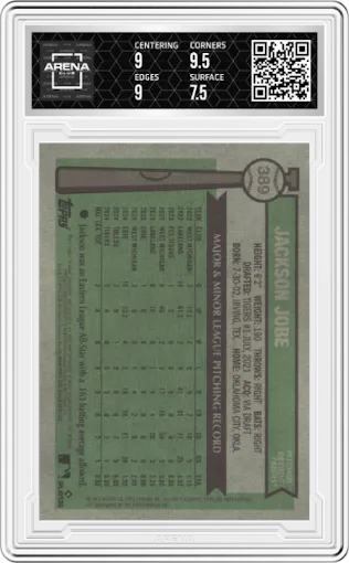 Jackson Jobe from the 2025 Topps Heritage set featuring a Chrome parallel graded by Arena Club and given an overall grade of 8.