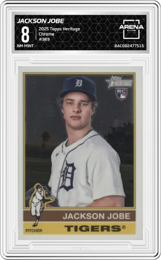 Jackson Jobe from the 2025 Topps Heritage set featuring a Chrome parallel graded by Arena Club and given an overall grade of 8.