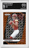 Jayden Daniels from the 2024 Panini Prizm set featuring a Lazer Prizm parallel graded by Arena Club and given an overall grade of 9.