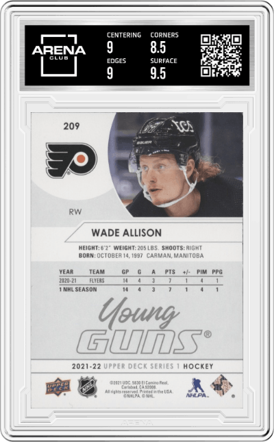 Wade Allison from the 2021-22 Upper Deck Series 1 set graded by Arena Club and given an overall grade of 9.