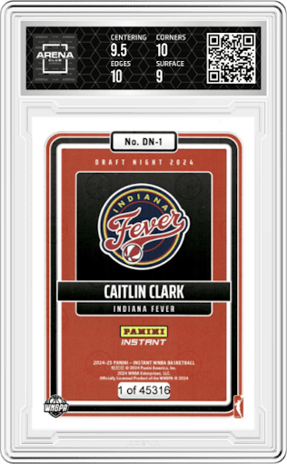 Caitlin Clark from the 2024-25 Panini Instant WNBA set graded by Arena Club and given an overall grade of 9.5.