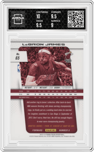 LeBron James from the 2013-14 Panini Prizm set graded by Arena Club and given an overall grade of 9.5.