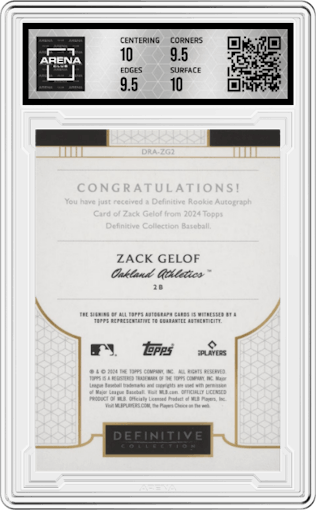Zack Gelof from the 2024 Topps Definitive Collection set graded by Arena Club and given an overall grade of 10.