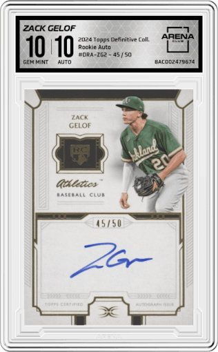 Zack Gelof from the 2024 Topps Definitive Collection set graded by Arena Club and given an overall grade of 10.