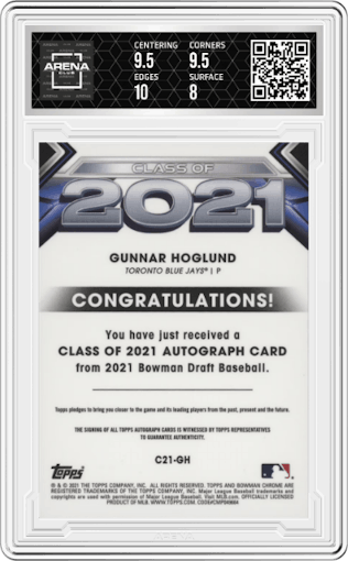 Gunnar Hoglund from the 2021 Bowman Draft set graded by Arena Club and given an overall grade of 8.5.