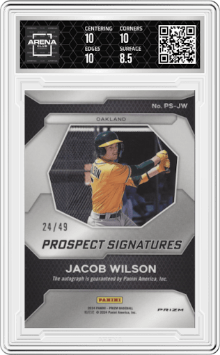Jacob Wilson from the 2024 Panini Prizm set featuring a Blue Prizm parallel graded by Arena Club and given an overall grade of 9.