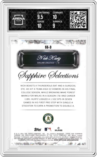 Nick Kurtz from the 2024 Bowman Draft Sapphire Edition set featuring a Orange parallel graded by Arena Club and given an overall grade of 9.5.