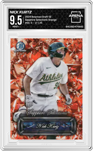Nick Kurtz from the 2024 Bowman Draft Sapphire Edition set featuring a Orange parallel graded by Arena Club and given an overall grade of 9.5.