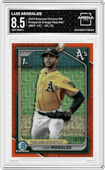 Luis Morales from the 2024 Bowman Chrome Mega Box set featuring a Orange Mojo Refractors parallel graded by Arena Club and given an overall grade of 8.5.