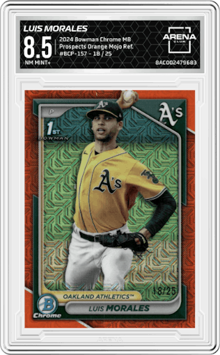Luis Morales from the 2024 Bowman Chrome Mega Box set featuring a Orange Mojo Refractors parallel graded by Arena Club and given an overall grade of 8.5.