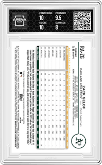 Zack Gelof from the 2024 Topps Chrome set featuring a Blue Ray Wave Refractor parallel graded by Arena Club and given an overall grade of 8.5.