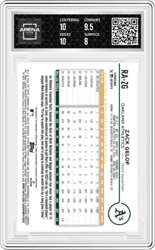 Zack Gelof from the 2024 Topps Chrome set featuring a Blue Ray Wave Refractor parallel graded by Arena Club and given an overall grade of 8.5.