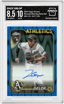Zack Gelof from the 2024 Topps Chrome set featuring a Blue Ray Wave Refractor parallel graded by Arena Club and given an overall grade of 8.5.