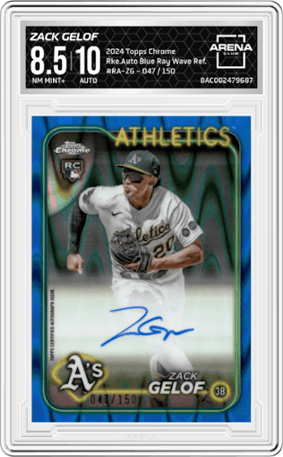 Zack Gelof from the 2024 Topps Chrome set featuring a Blue Ray Wave Refractor parallel graded by Arena Club and given an overall grade of 8.5.