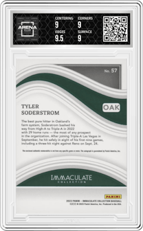 Tyler Soderstrom from the 2023 Panini Immaculate Collection set featuring a Holo Silver parallel graded by Arena Club and given an overall grade of 9.