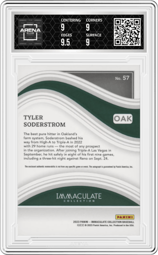 Tyler Soderstrom from the 2023 Panini Immaculate Collection set featuring a Holo Silver parallel graded by Arena Club and given an overall grade of 9.