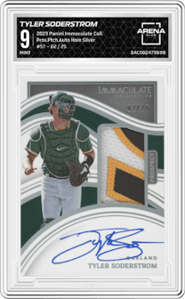Tyler Soderstrom from the 2023 Panini Immaculate Collection set featuring a Holo Silver parallel graded by Arena Club and given an overall grade of 9.
