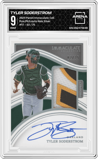 Tyler Soderstrom from the 2023 Panini Immaculate Collection set featuring a Holo Silver parallel graded by Arena Club and given an overall grade of 9.