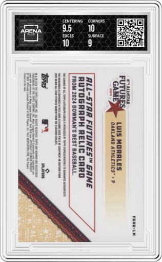 Luis Morales from the 2024 Bowman's Best set featuring a Green Refractors parallel graded by Arena Club and given an overall grade of 9.5.