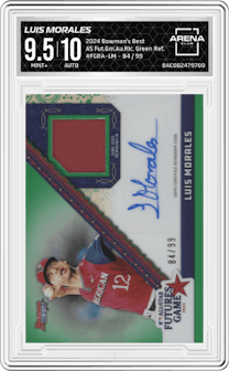 Luis Morales from the 2024 Bowman's Best set featuring a Green Refractors parallel graded by Arena Club and given an overall grade of 9.5.