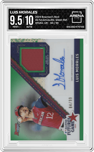 Luis Morales from the 2024 Bowman's Best set featuring a Green Refractors parallel graded by Arena Club and given an overall grade of 9.5.