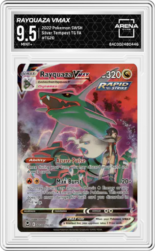 Rayquaza VMAX from the 2022 Pokemon SWSH set graded by Arena Club and given an overall grade of 9.5.