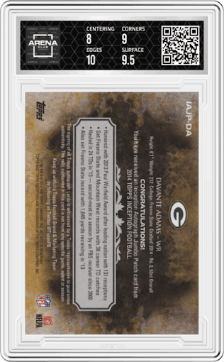Davante Adams from the 2014 Topps Inception set featuring a Green parallel graded by Arena Club and given an overall grade of 8.5.