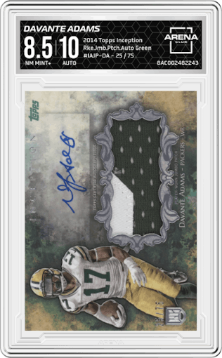 Davante Adams from the 2014 Topps Inception set featuring a Green parallel graded by Arena Club and given an overall grade of 8.5.