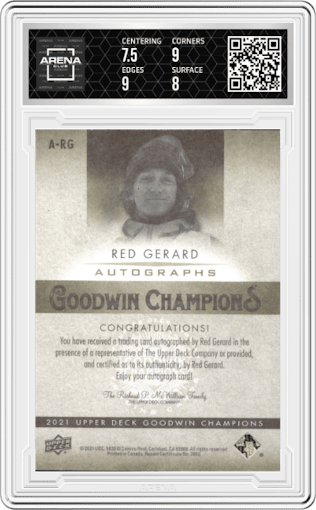 Red Gerard from the 2021 Upper Deck Goodwin Champions set graded by Arena Club and given an overall grade of 8.