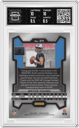 Bryce Young from the 2023 Panini Prizm set graded by Arena Club and given an overall grade of 9.
