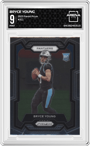 Bryce Young from the 2023 Panini Prizm set graded by Arena Club and given an overall grade of 9.