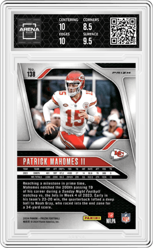 Patrick Mahomes II from the 2024 Panini Prizm set featuring a Silver Prizm parallel graded by Arena Club and given an overall grade of 9.