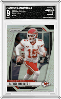 Patrick Mahomes II from the 2024 Panini Prizm set featuring a Silver Prizm parallel graded by Arena Club and given an overall grade of 9.